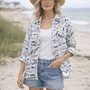 Linen Laura Ashley Woman french print black white button cuffed sleeve 1X